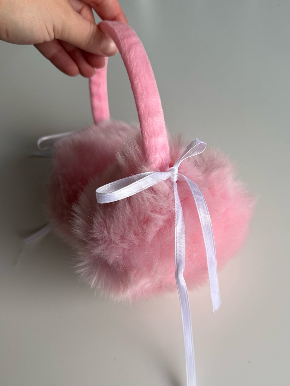 Pink Faux Fur Earmuffs with Removable White Ribbon Bows 🎀